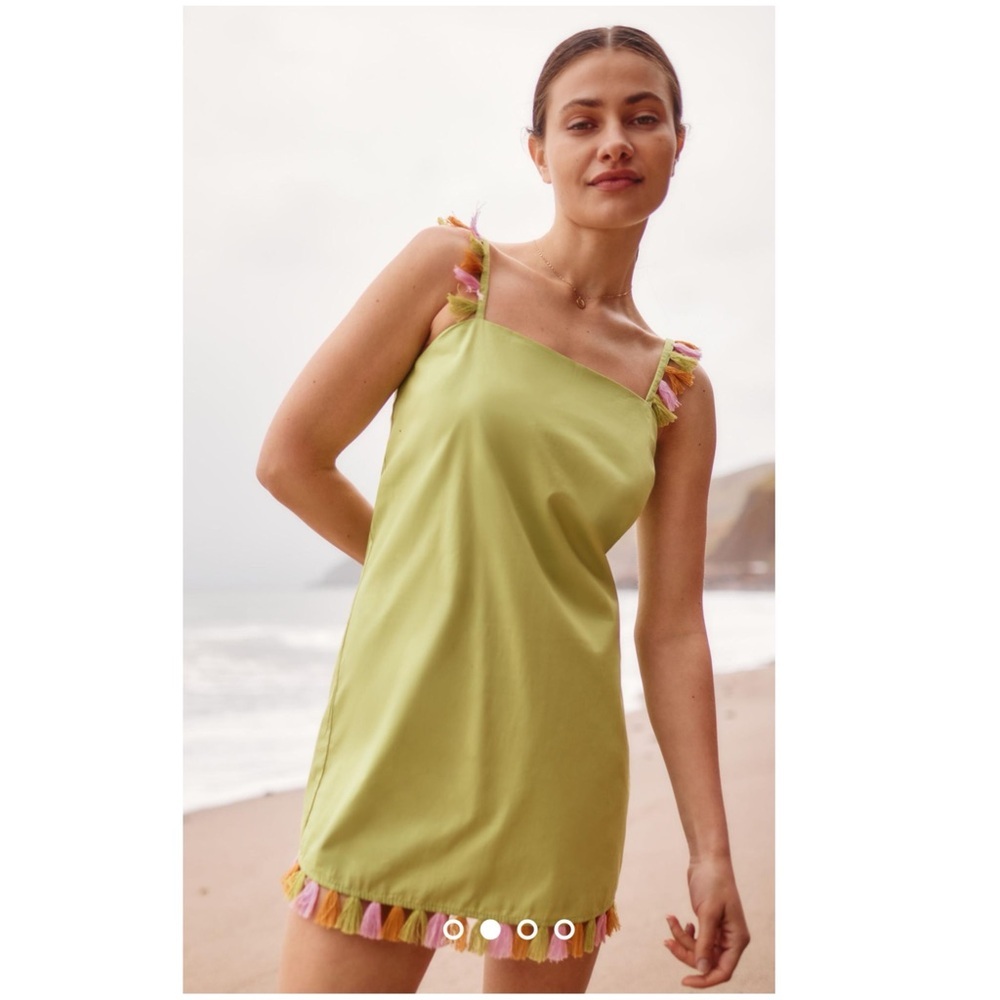New Anthropologie The Hartley Shift Mini Dress Lime Green Pink Fringe petite - Picture 1 of 4